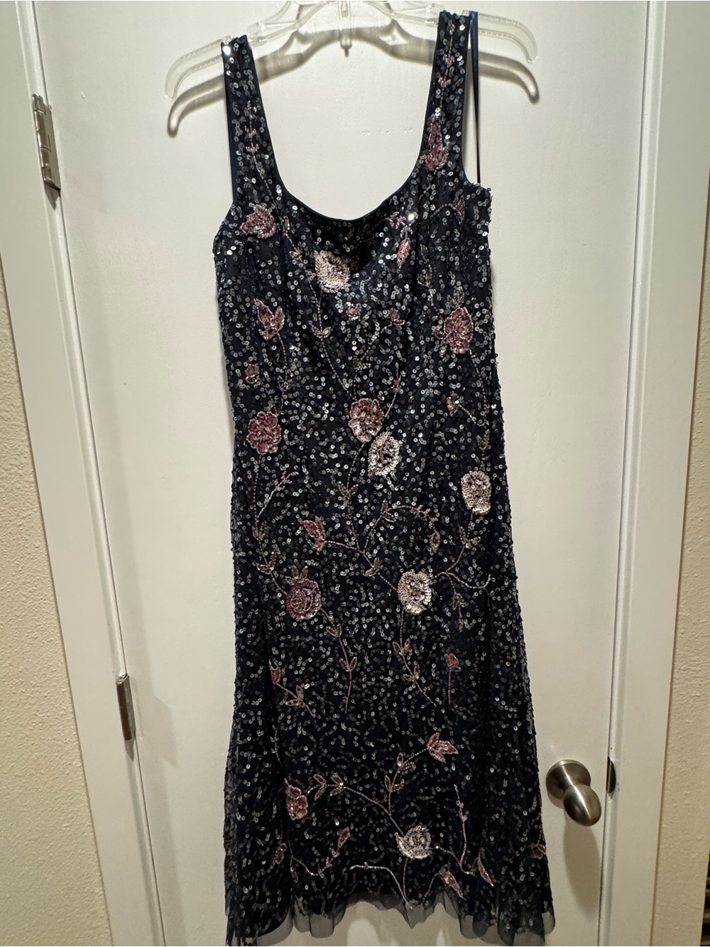 Adrianna Papell Navy Sequin Floral Midi Dress with Pink & Silver Accents